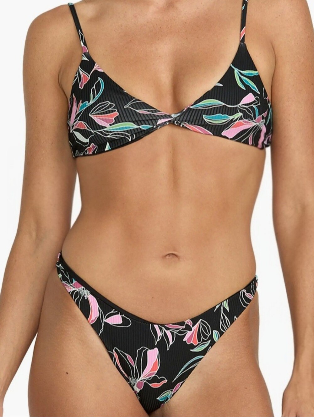Volcom Womenโs Black Floral Tie-Back Bikini Set - Pink & Green Print